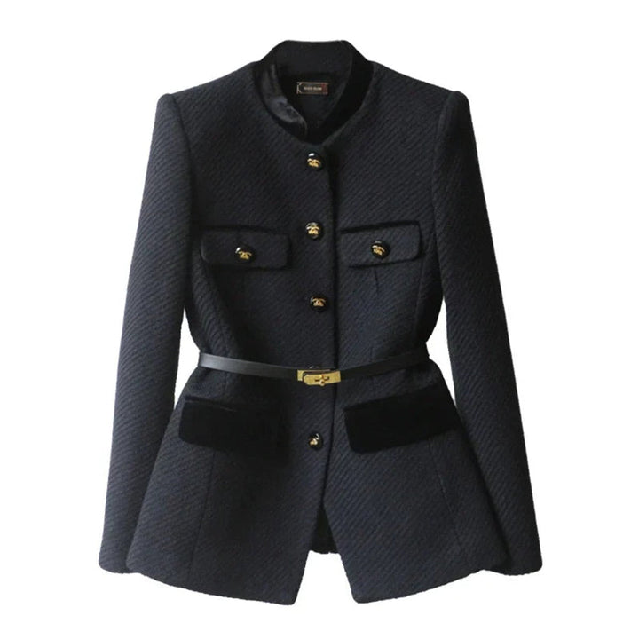 Willow | Women's Belted Wool Coat Tailored Velvet-Trim Gold-Button Jacket