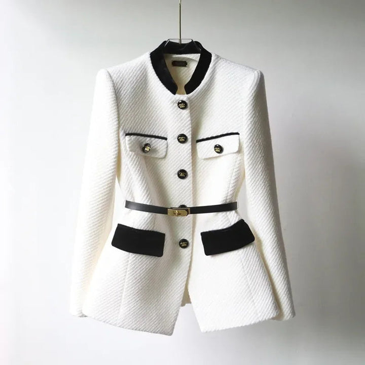 Willow | Women's Belted Wool Coat Tailored Velvet-Trim Gold-Button Jacket