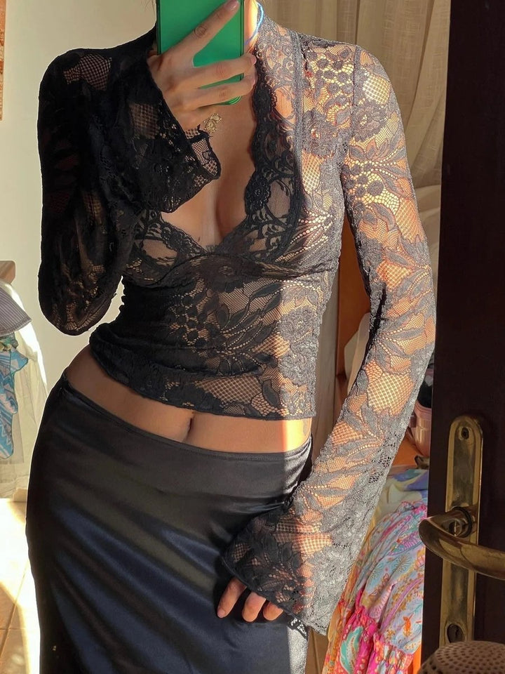 Scarlett | Women's Floral Lace Long Sleeve Crop Top Deep V-Neck