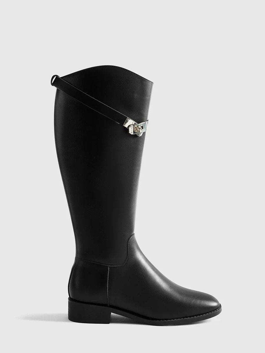 Ava | Women's Black Leather Knee-High Riding Buckle Boots