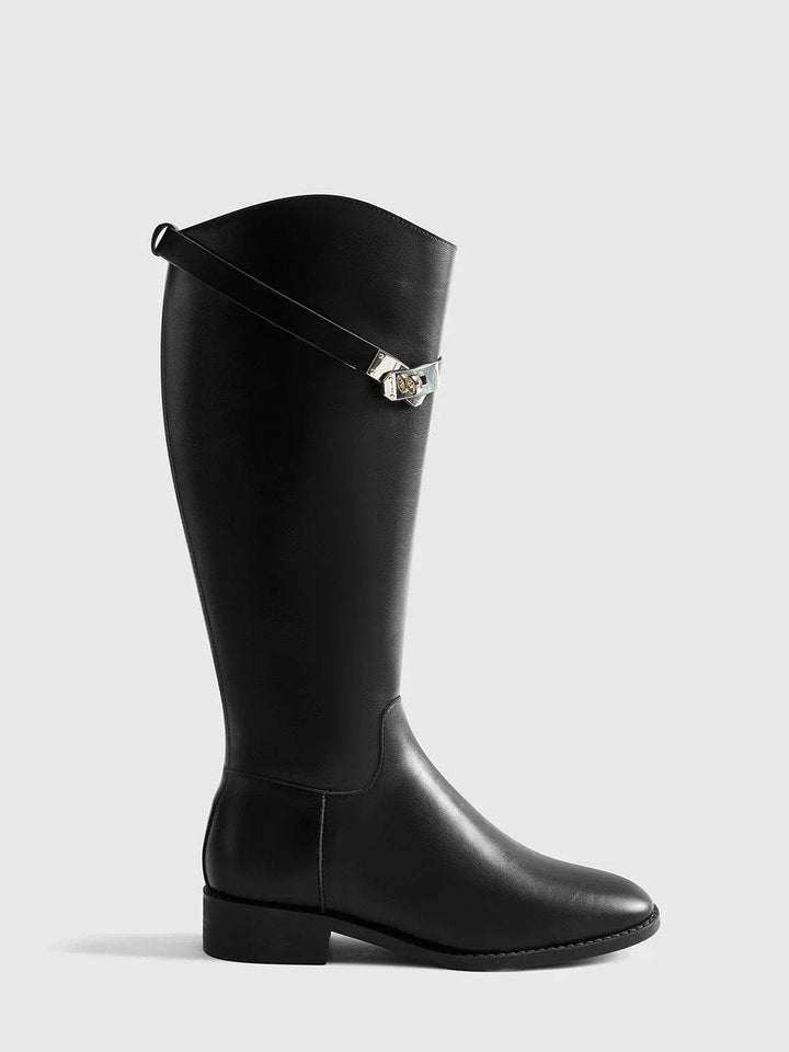 Ava | Women's Black Leather Knee-High Riding Buckle Boots