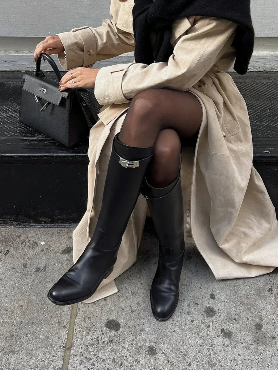 Ava | Women's Black Leather Knee-High Riding Buckle Boots