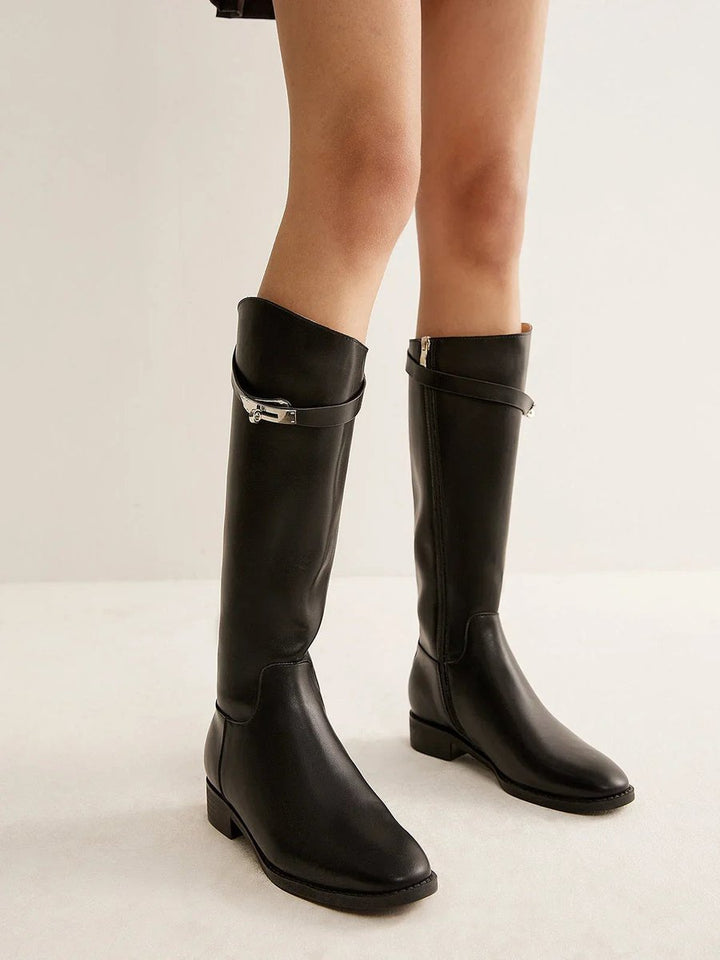 Ava | Women's Black Leather Knee-High Riding Buckle Boots