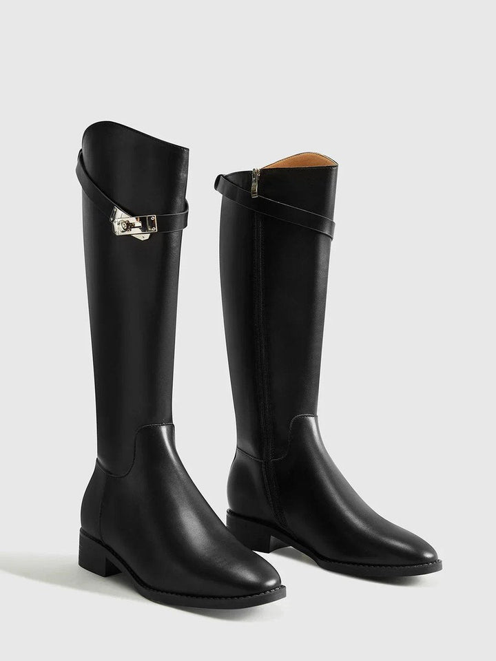 Ava | Women's Black Leather Knee-High Riding Buckle Boots