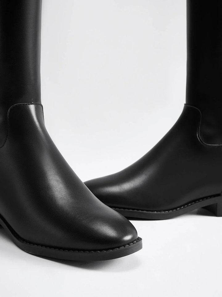 Ava | Women's Black Leather Knee-High Riding Buckle Boots