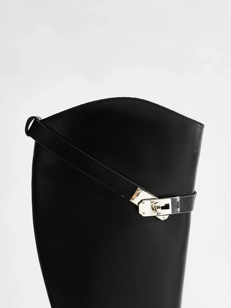 Ava | Women's Black Leather Knee-High Riding Buckle Boots