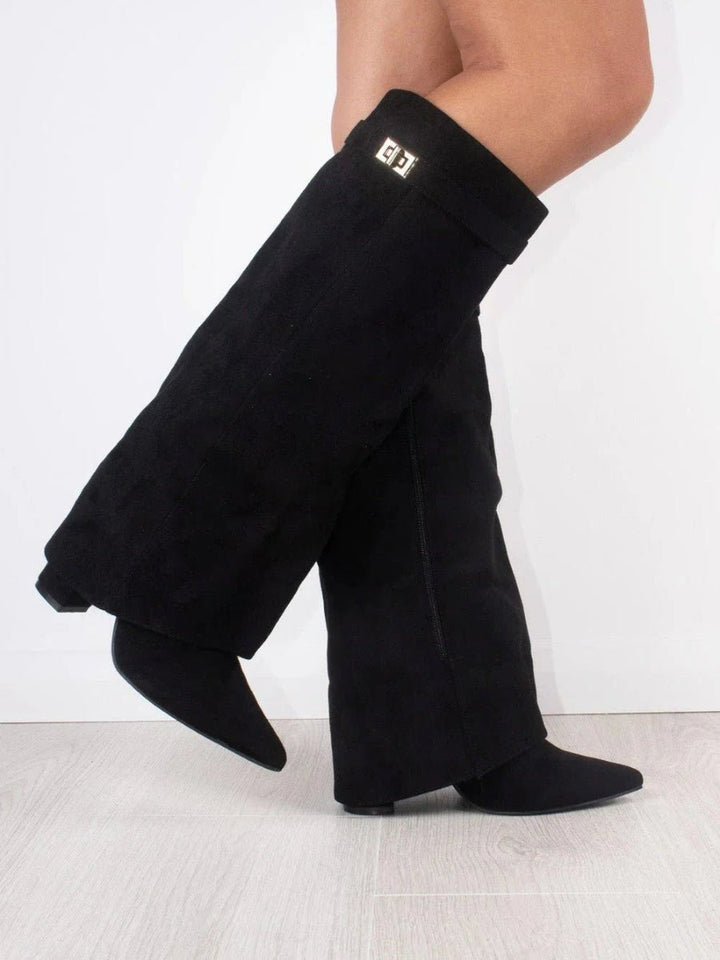 Emily | Women's Black Suede Fold-Over Knee-High Heeled Boots Gold Clasp