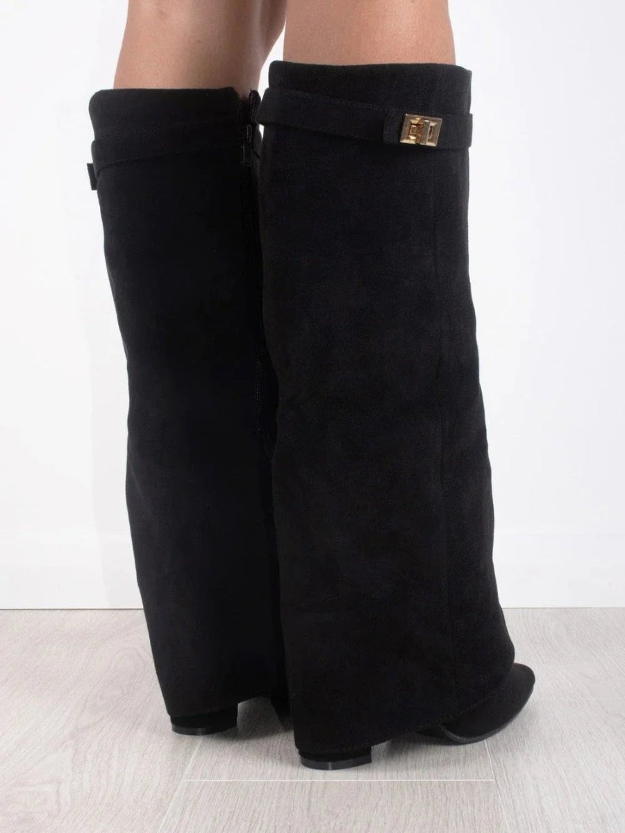 Aria | Women's Black Suede Fold-Over Knee-High Heeled Boots Gold Clasp