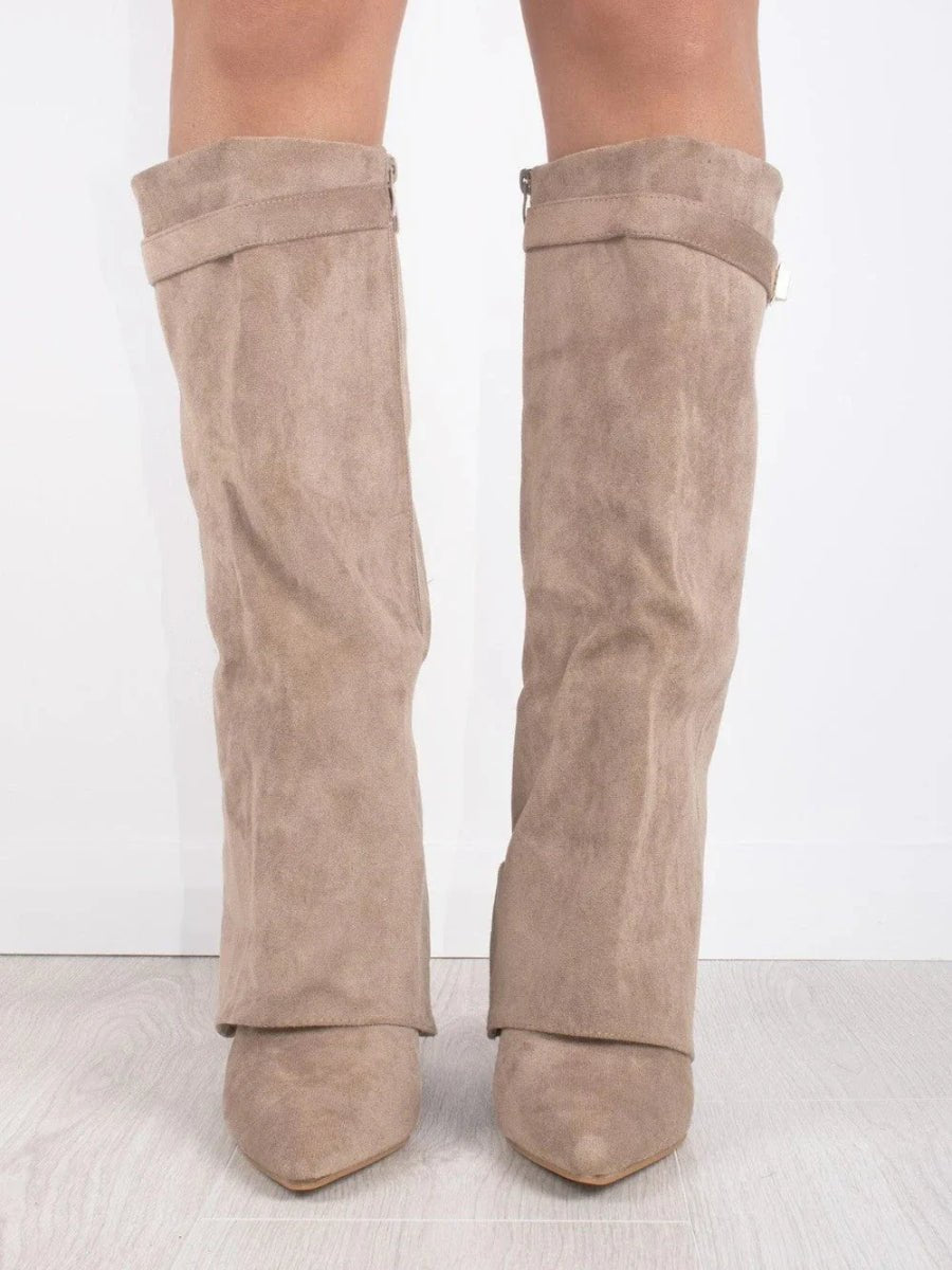 Emily | Women's Black Suede Fold-Over Knee-High Heeled Boots Gold Clasp