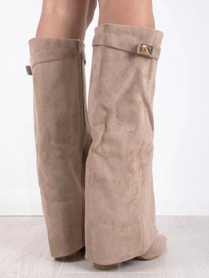 Emily | Women's Black Suede Fold-Over Knee-High Heeled Boots Gold Clasp