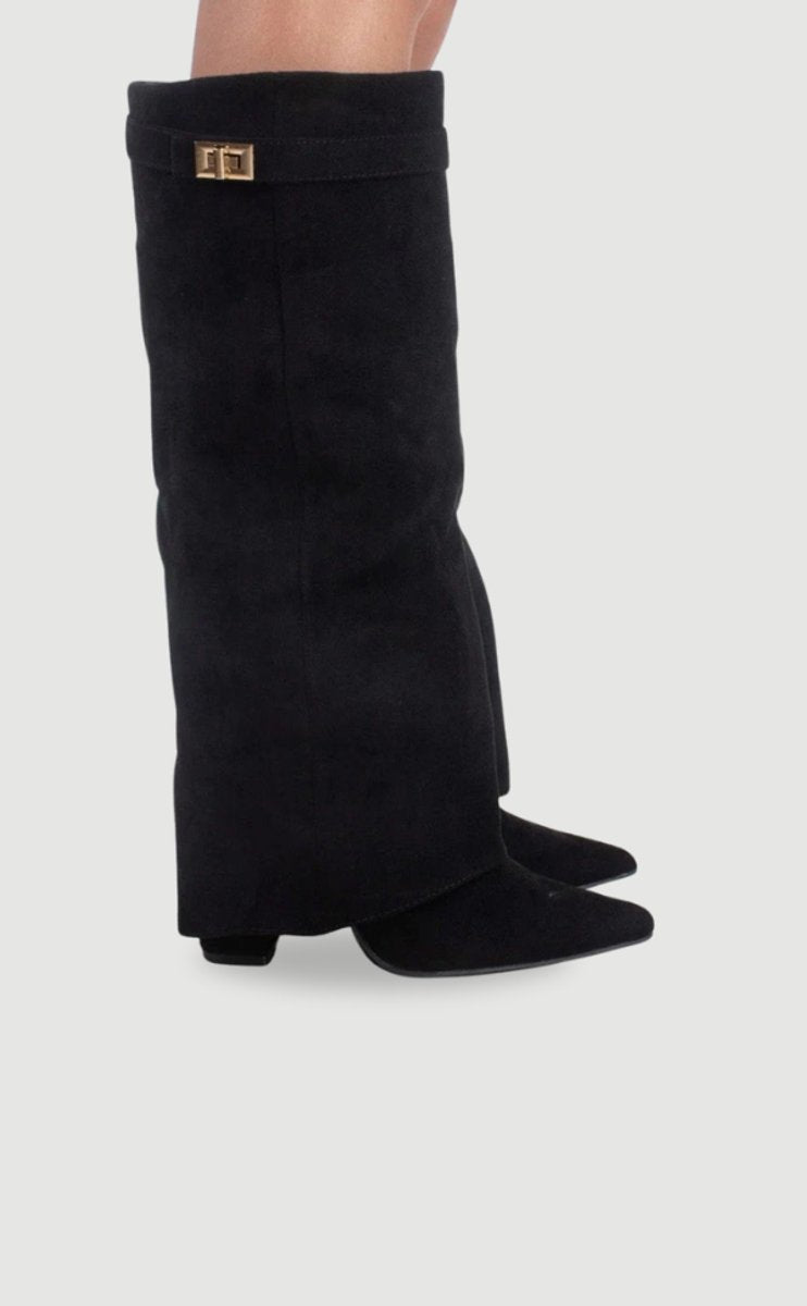 Scarlett | Women's Black Suede Fold-Over Knee-High Heeled Boots Golden Clasp