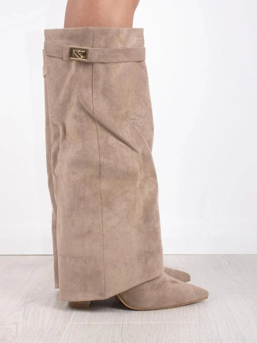 Scarlett | Women's Black Suede Fold-Over Knee-High Heeled Boots Golden Clasp