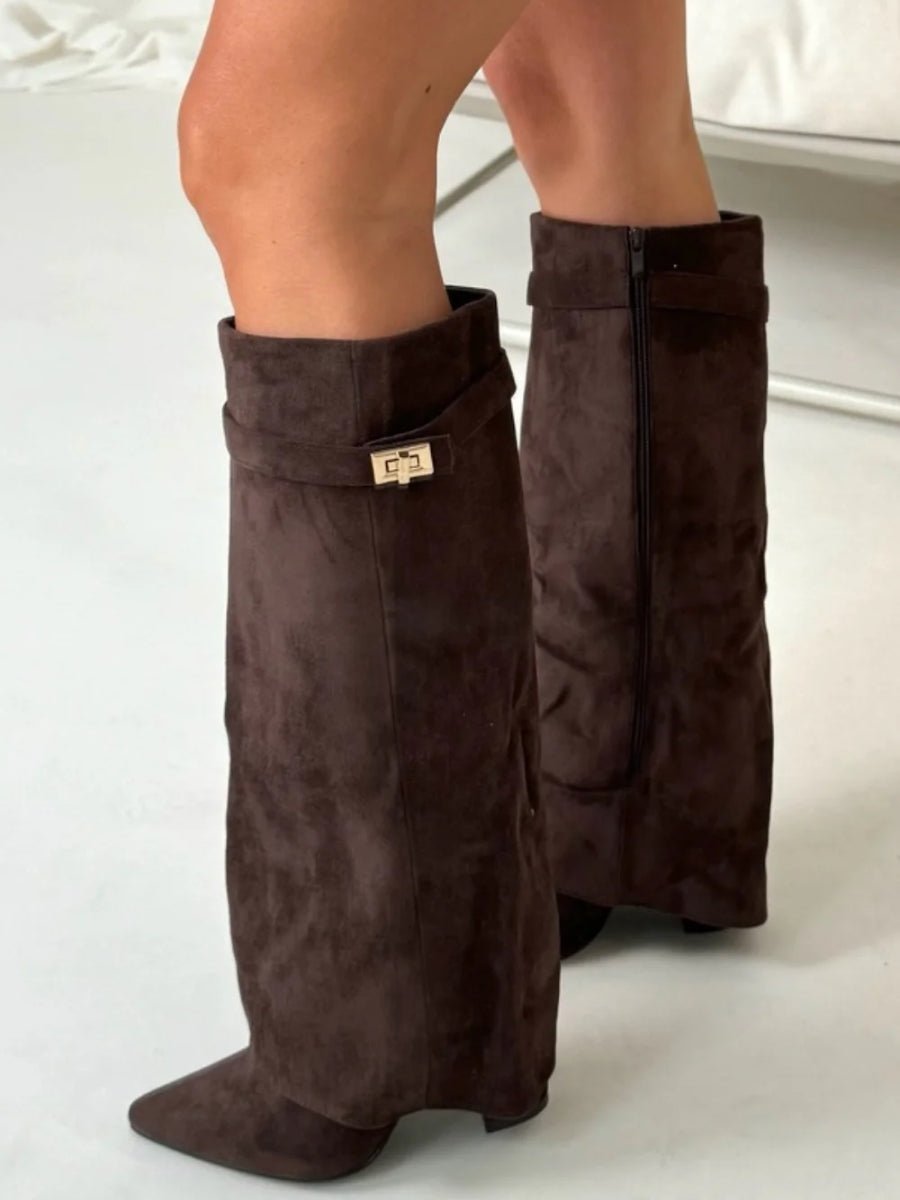 Scarlett | Women's Black Suede Fold-Over Knee-High Heeled Boots Golden Clasp