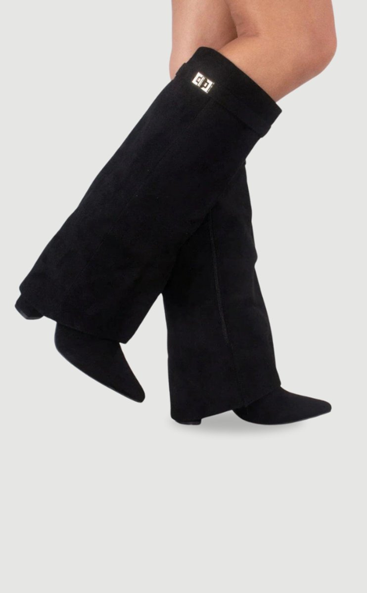 Scarlett | Women's Black Suede Fold-Over Knee-High Heeled Boots Golden Clasp