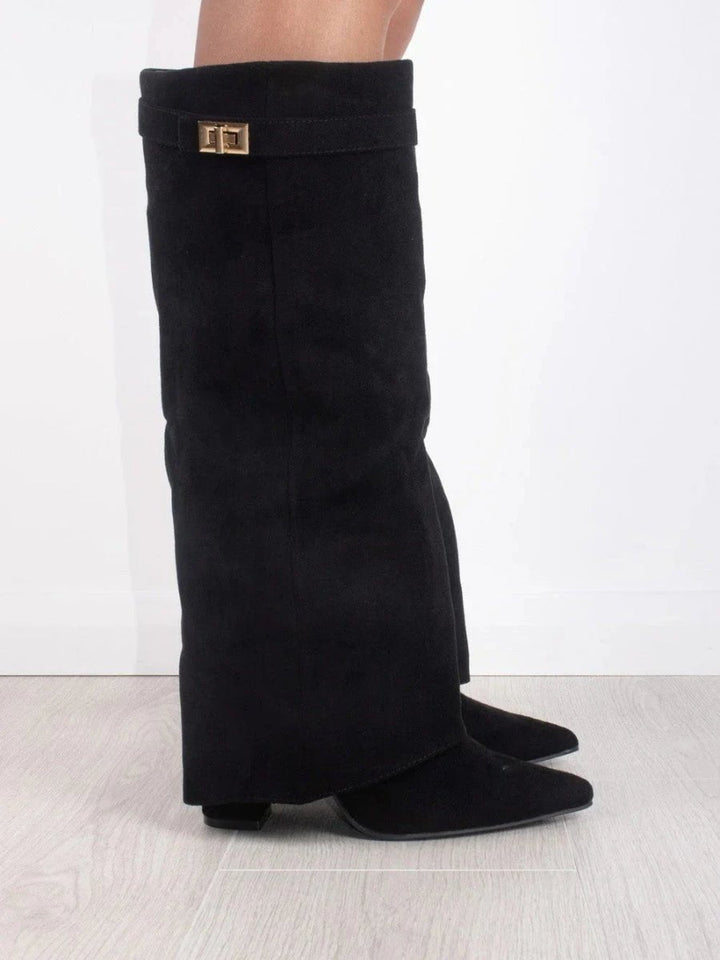 Scarlett | Women's Black Suede Fold-Over Knee-High Heeled Boots Golden Clasp