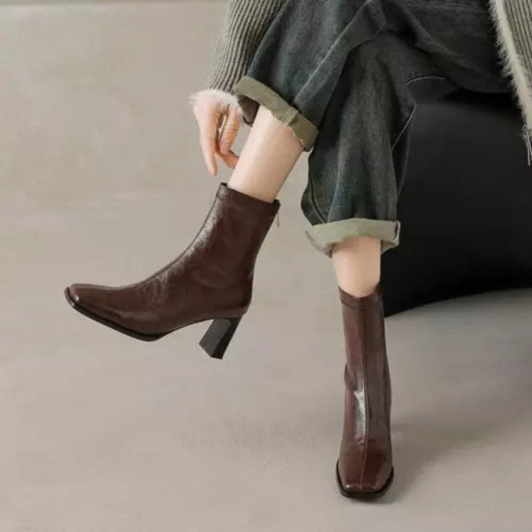 Ivy | Women's Block-Heel Ankle Boots Square-Toe Back-Zip Heeled Boots