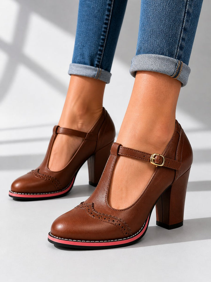 Freya | Women's Block-Heel Brogue T-Bar Heeled Ankle Boots