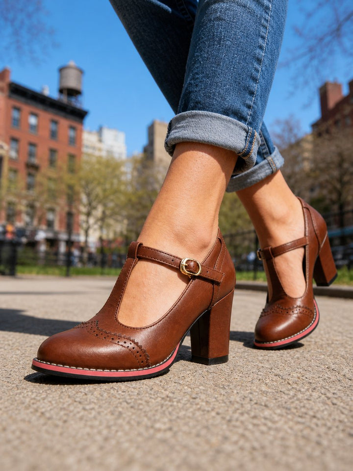 Freya | Women's Block-Heel Brogue T-Bar Heeled Ankle Boots