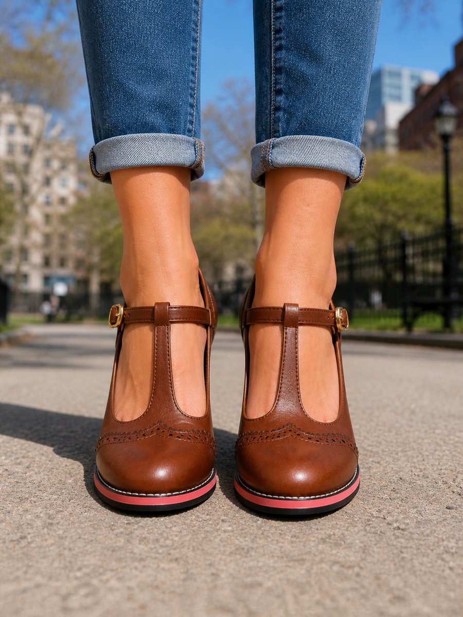 Freya | Women's Block-Heel Brogue T-Bar Heeled Ankle Boots