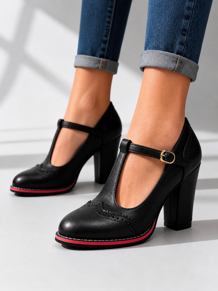 Freya | Women's Block-Heel Brogue T-Bar Heeled Ankle Boots
