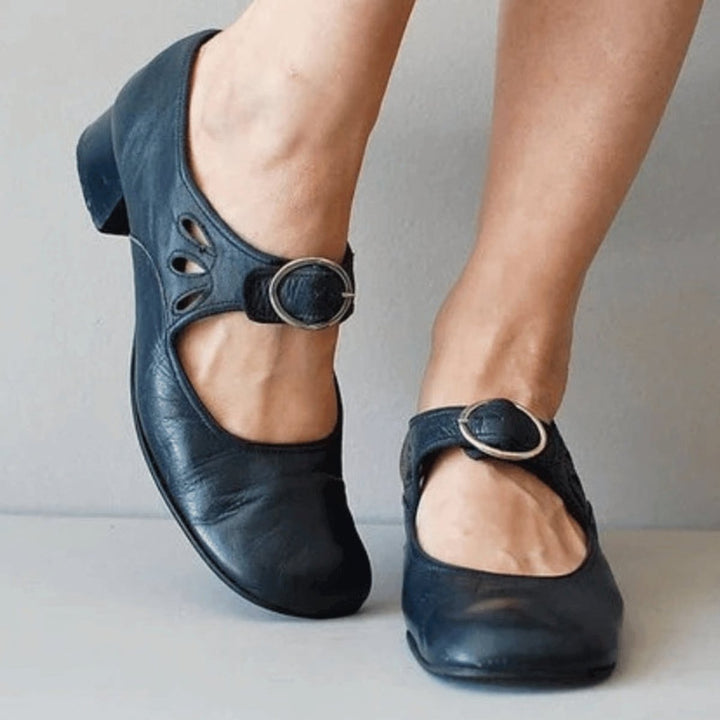 Sienna | Women's Leather Mary Jane Block Heel Shoes Buckle Strap Round Toe