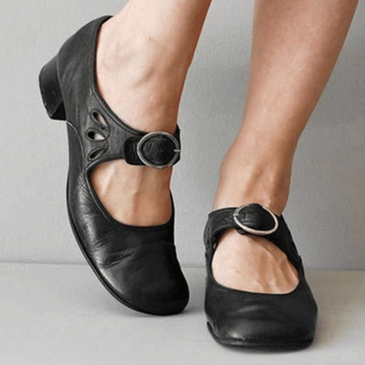 Sienna | Women's Leather Mary Jane Block Heel Shoes Buckle Strap Round Toe