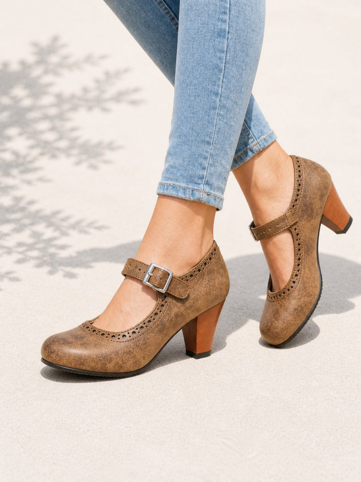 Ella | Women's Mary Jane Block Heel Brogue Shoes Buckle Strap