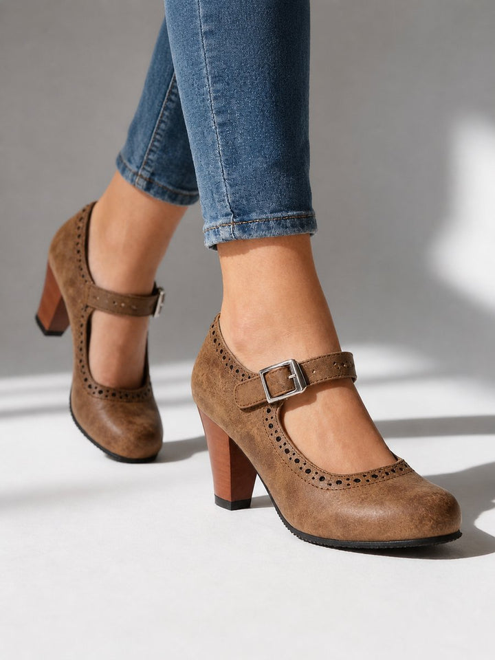 Ella | Women's Mary Jane Block Heel Brogue Shoes Buckle Strap