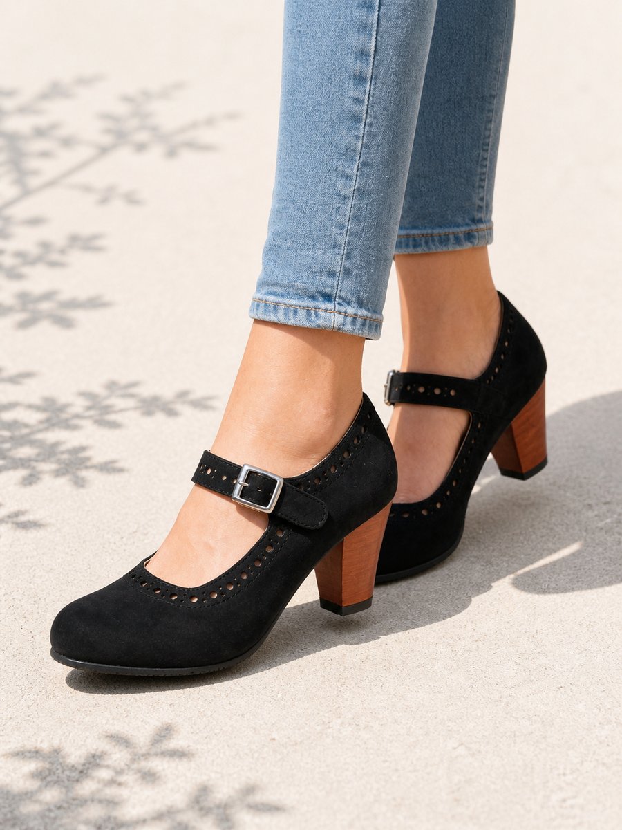Ella | Women's Mary Jane Block Heel Brogue Shoes Buckle Strap