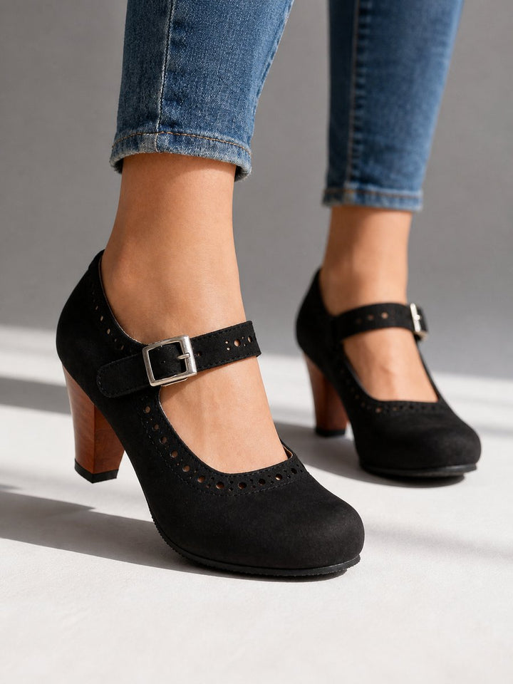 Ella | Women's Mary Jane Block Heel Brogue Shoes Buckle Strap