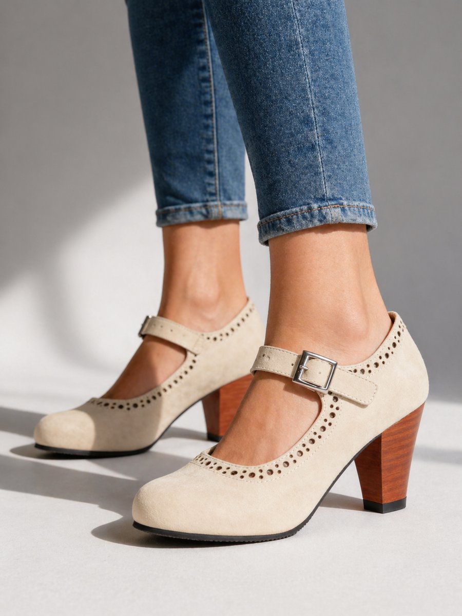 Ella | Women's Mary Jane Block Heel Brogue Shoes Buckle Strap