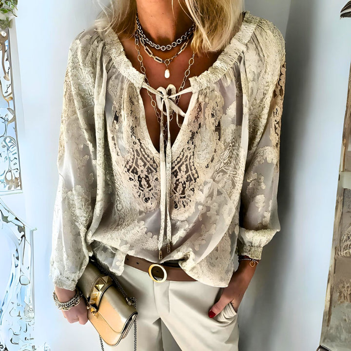 Isla | Women's Floral Crochet Blouse Long Sleeve Drawstring Neck
