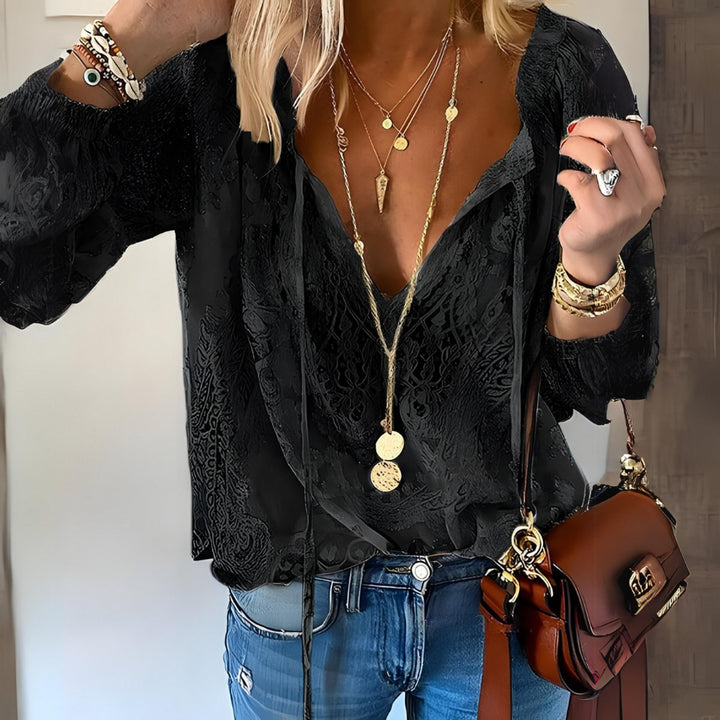 Isla | Women's Floral Crochet Blouse Long Sleeve Drawstring Neck