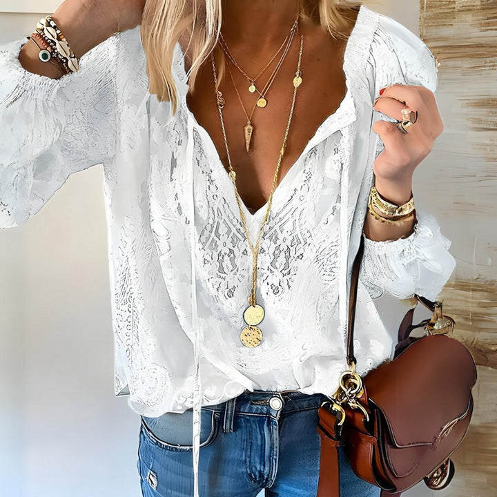 Isla | Women's Floral Crochet Blouse Long Sleeve Drawstring Neck