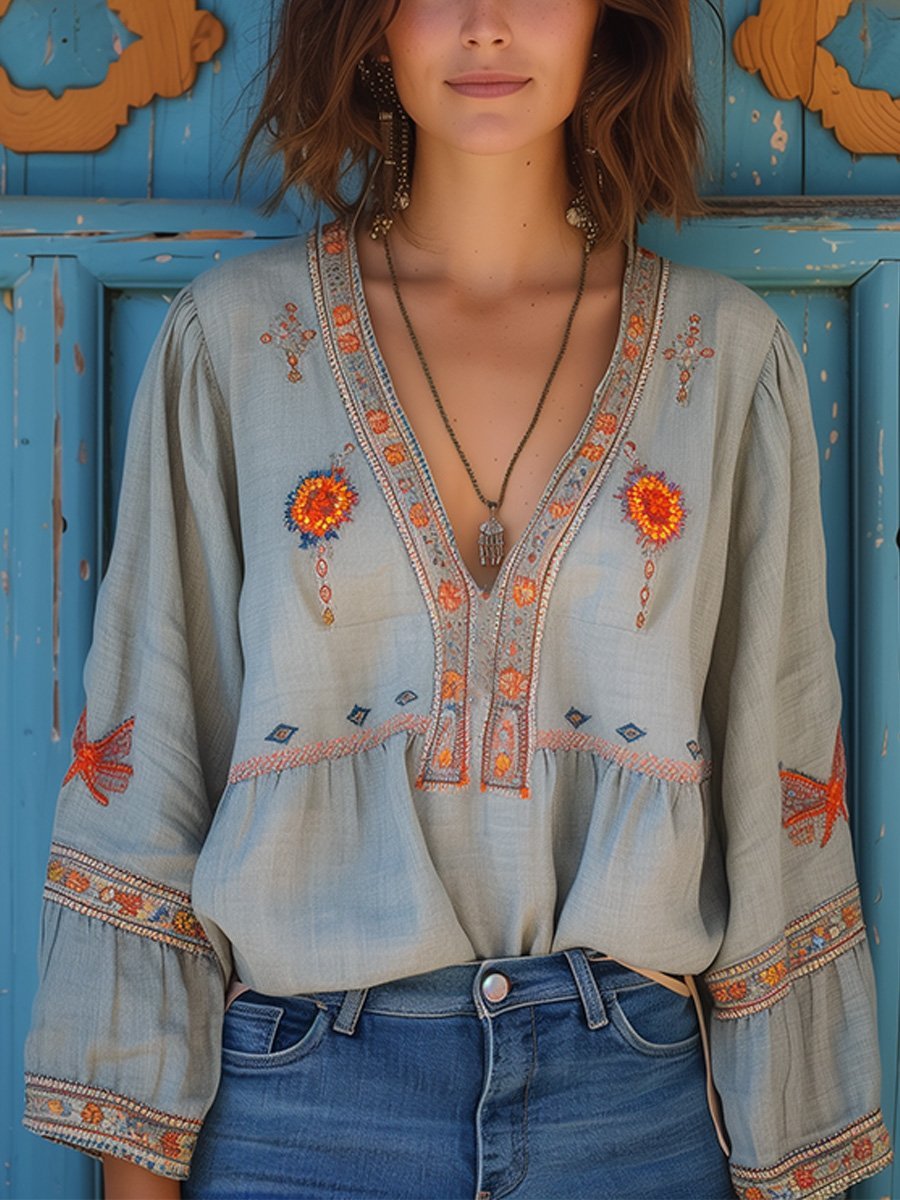 Willow | Women's Embroidered Boho Blouse V-Neck Long Sleeve
