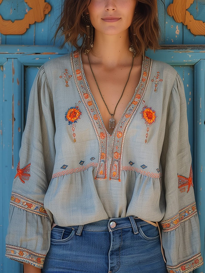 Willow | Women's Embroidered Boho Blouse V-Neck Long Sleeve