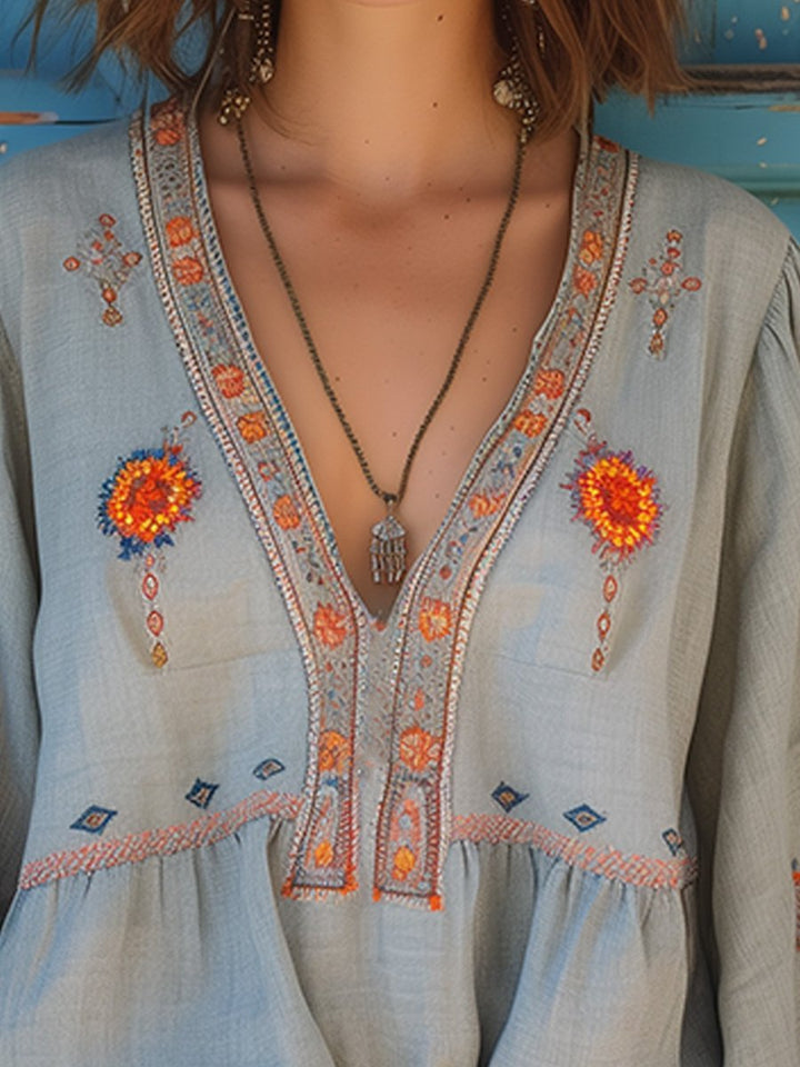 Willow | Women's Embroidered Boho Blouse V-Neck Long Sleeve