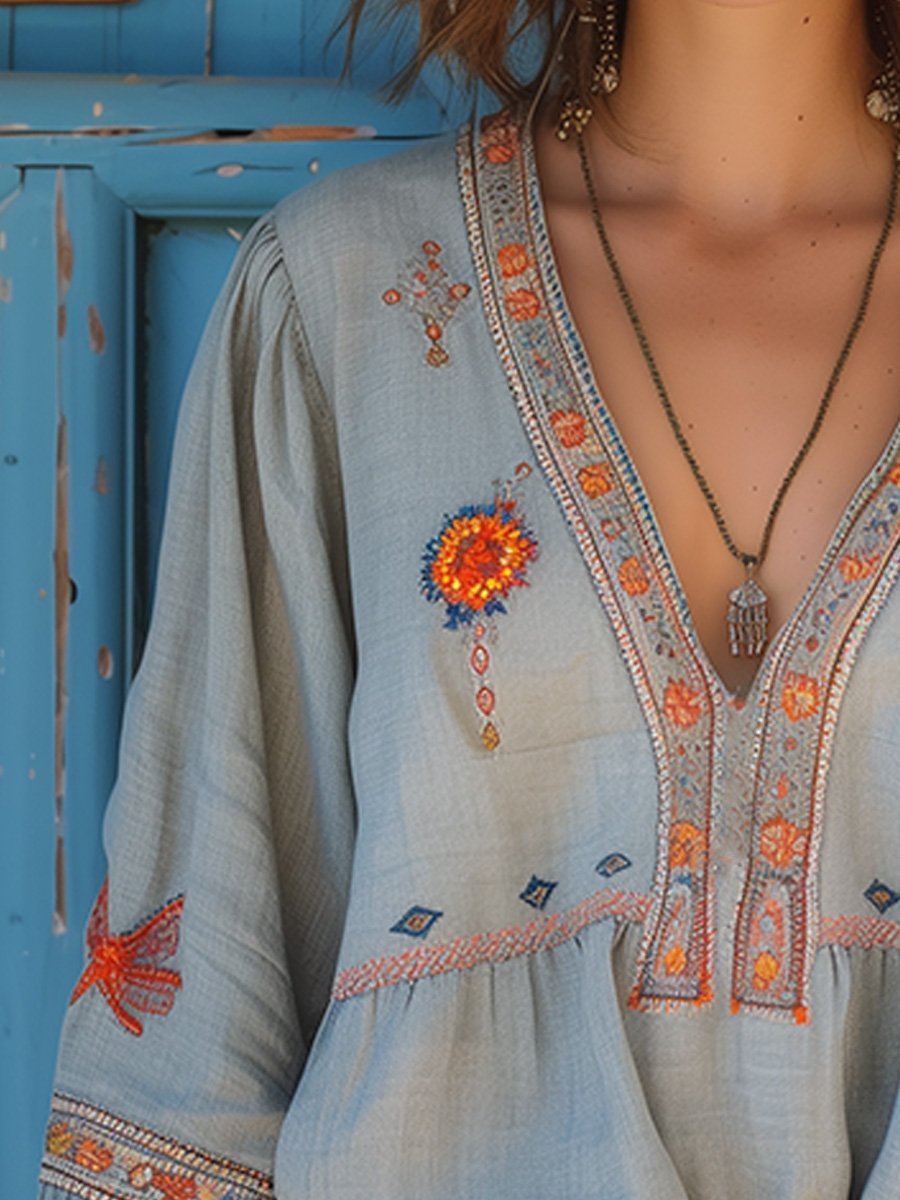 Willow | Women's Embroidered Boho Blouse V-Neck Long Sleeve