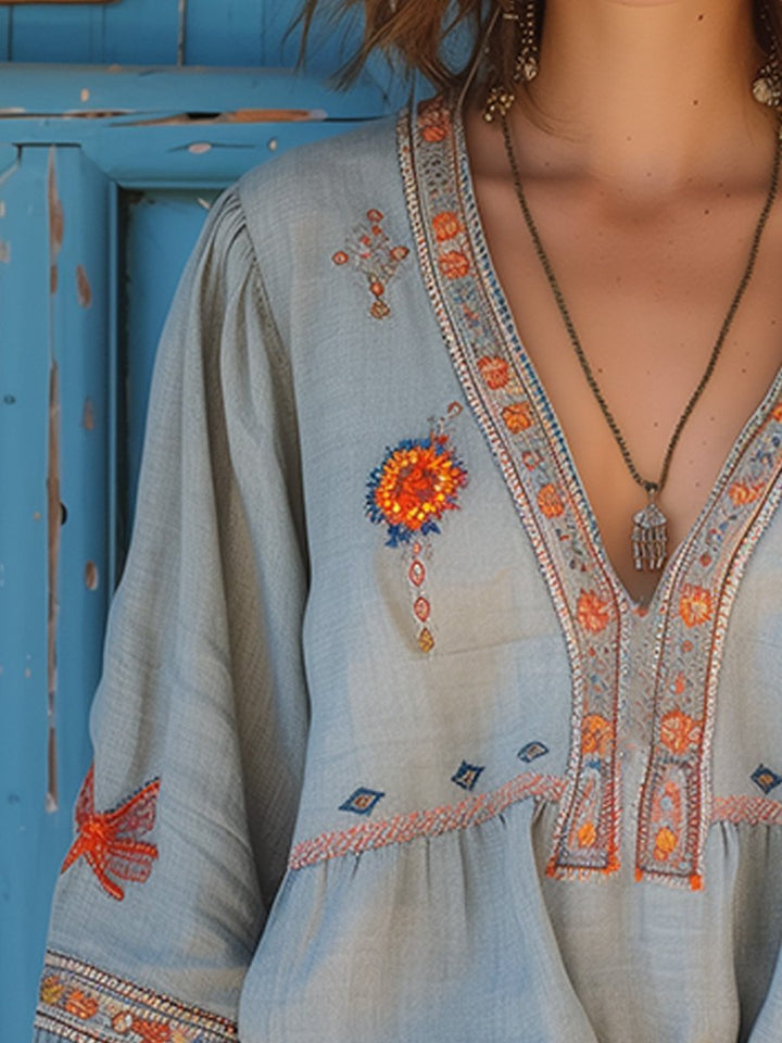 Willow | Women's Embroidered Boho Blouse V-Neck Long Sleeve