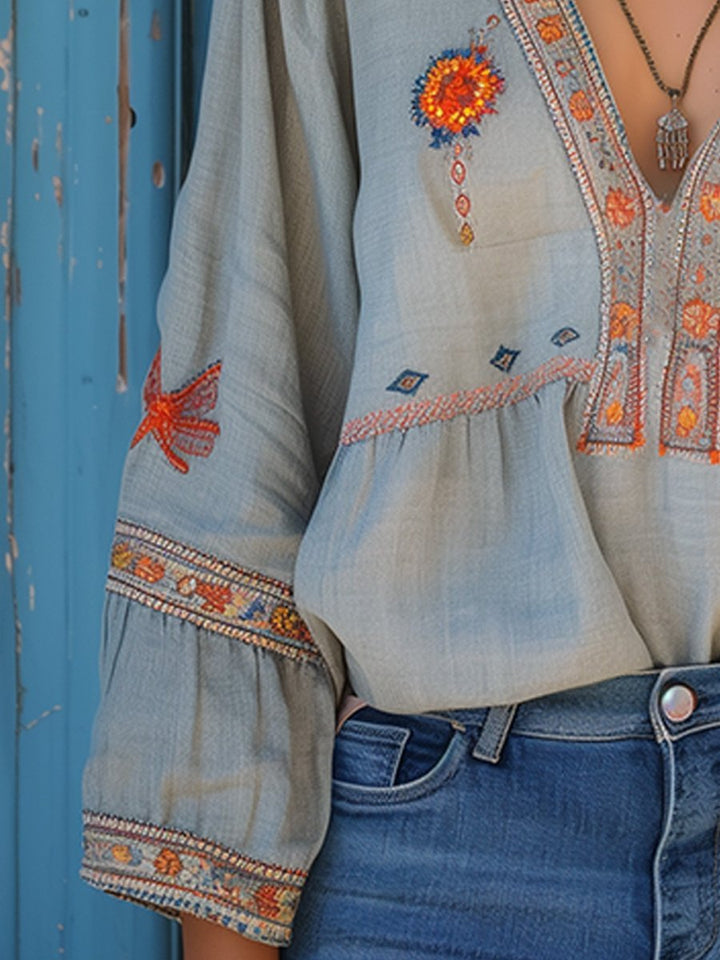 Willow | Women's Embroidered Boho Blouse V-Neck Long Sleeve