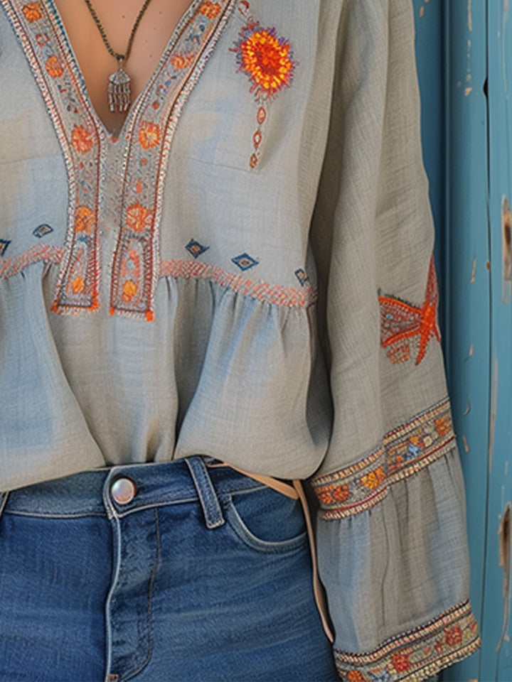 Willow | Women's Embroidered Boho Blouse V-Neck Long Sleeve