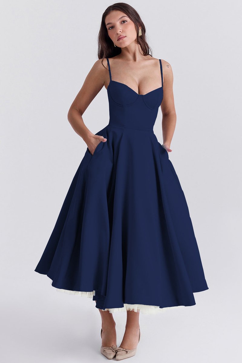 Emily | Women's Bustier Midi Flared Skirt Christmas Party Dress Pockets