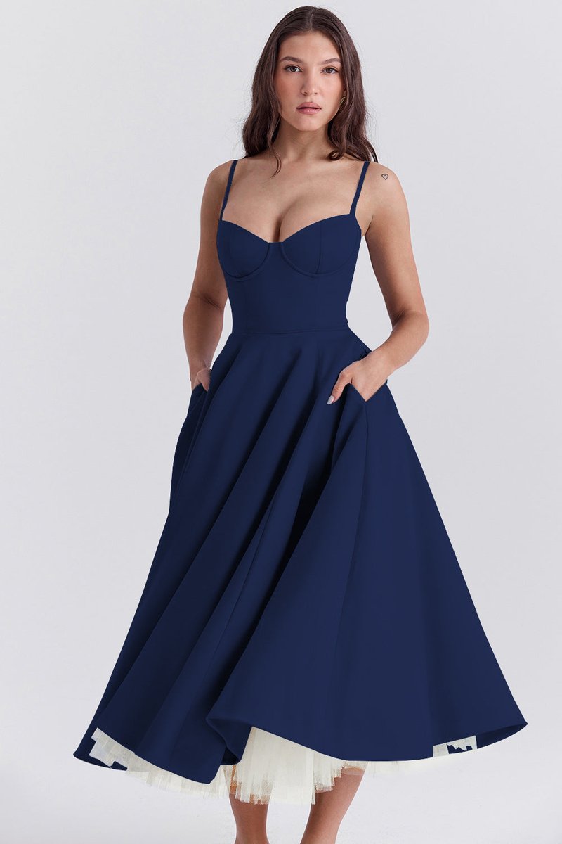 Emily | Women's Bustier Midi Flared Skirt Christmas Party Dress Pockets