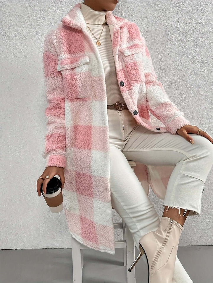 Scarlett | Women's Checked Teddy Fleece Long Coat Warm Winter Outerwear
