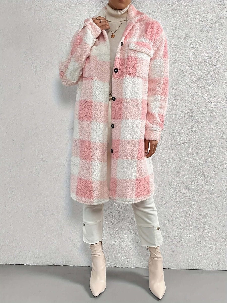 Scarlett | Women's Checked Teddy Fleece Long Coat Warm Winter Outerwear