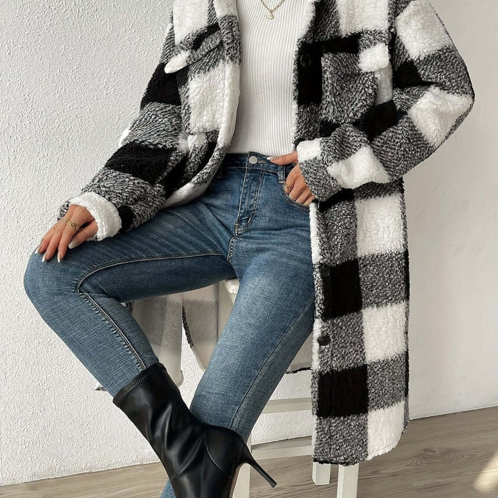 Scarlett | Women's Checked Teddy Fleece Long Coat Warm Winter Outerwear