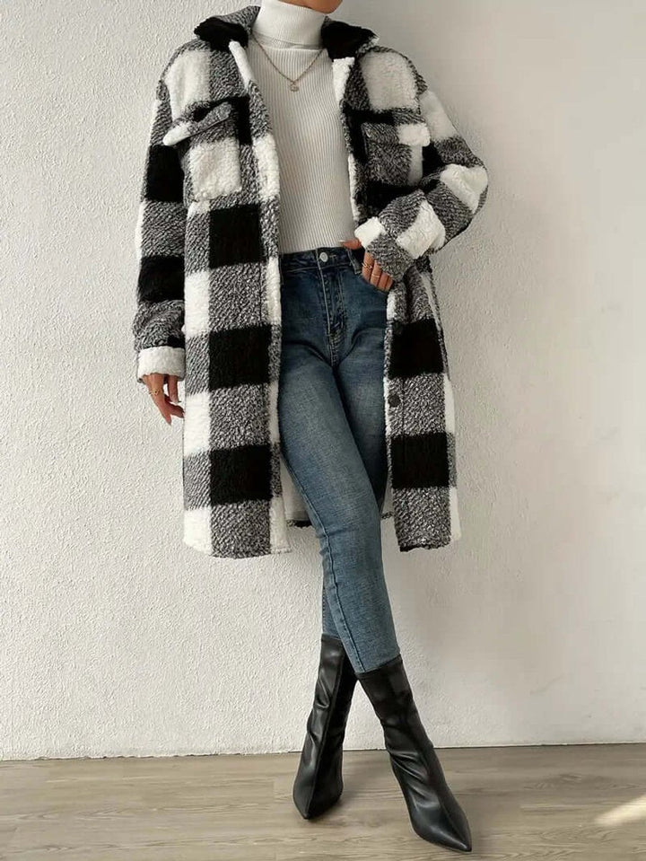 Scarlett | Women's Checked Teddy Fleece Long Coat Warm Winter Outerwear
