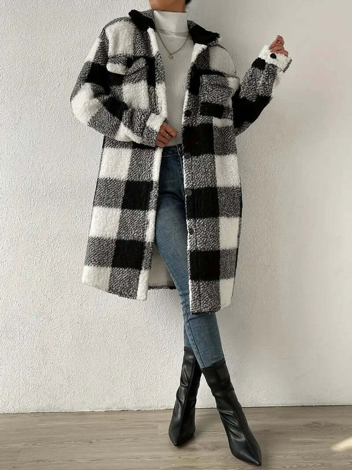 Scarlett | Women's Checked Teddy Fleece Long Coat Warm Winter Outerwear