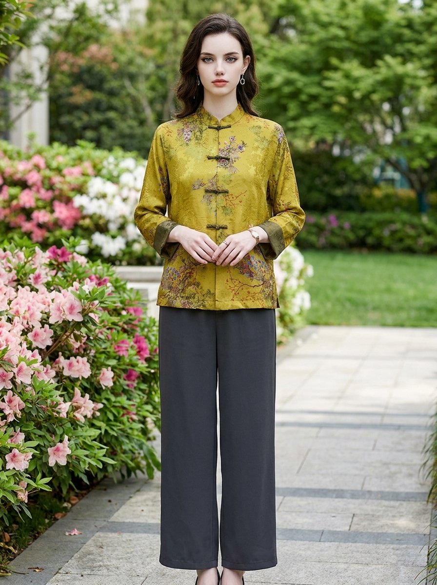 Mia | Women's Chinese-Style Mandarin Collar Floral Satin Coat