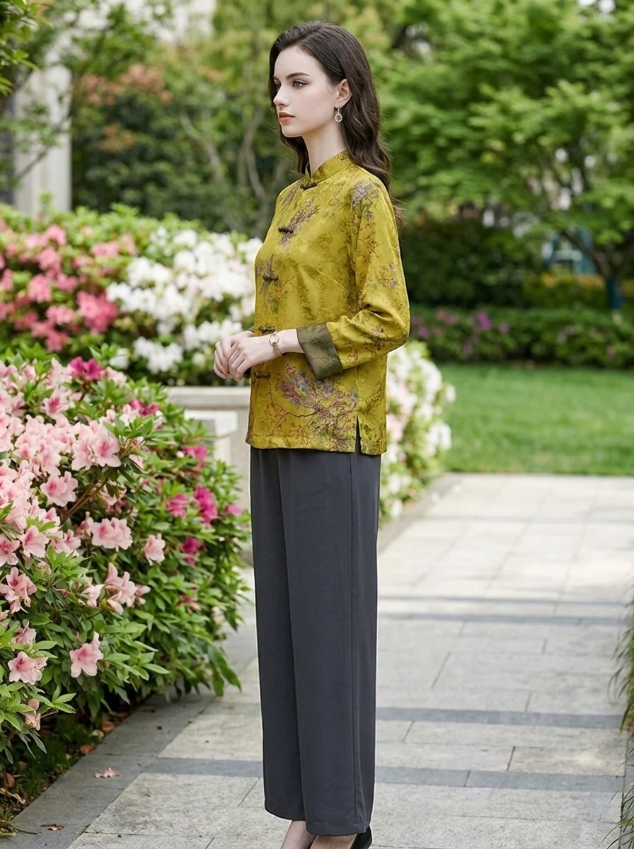 Mia | Women's Chinese-Style Mandarin Collar Floral Satin Coat